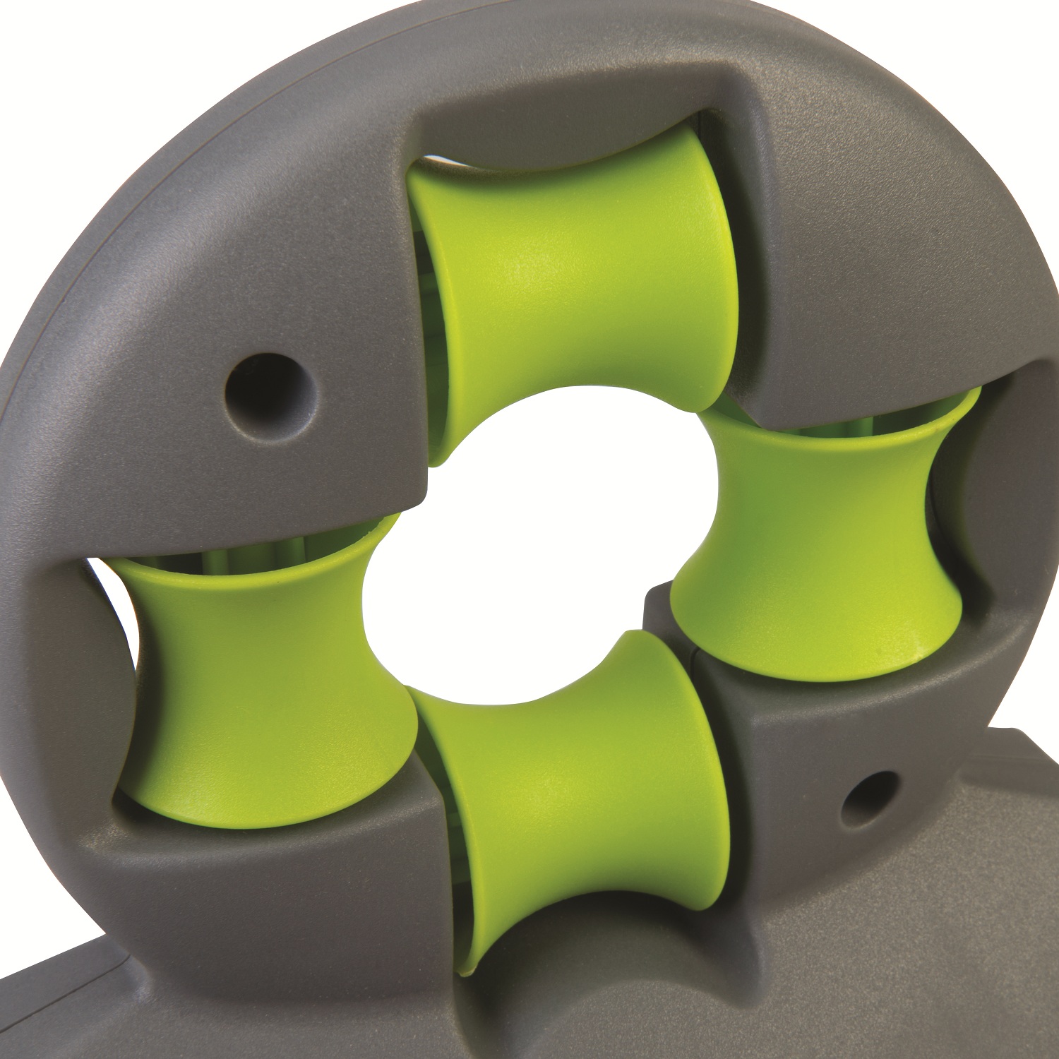 Grey and green garden hose pipe guide for corner use, designed for horizontal and vertical control. closeup