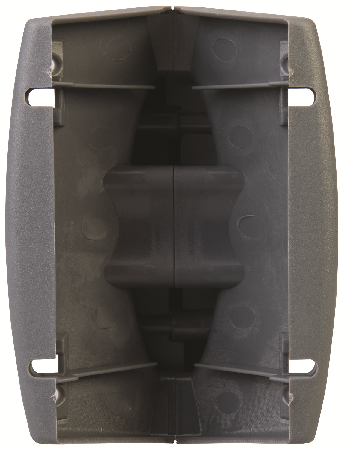 Grey and green garden hose pipe guide for corner use, designed for horizontal and vertical control. underneath