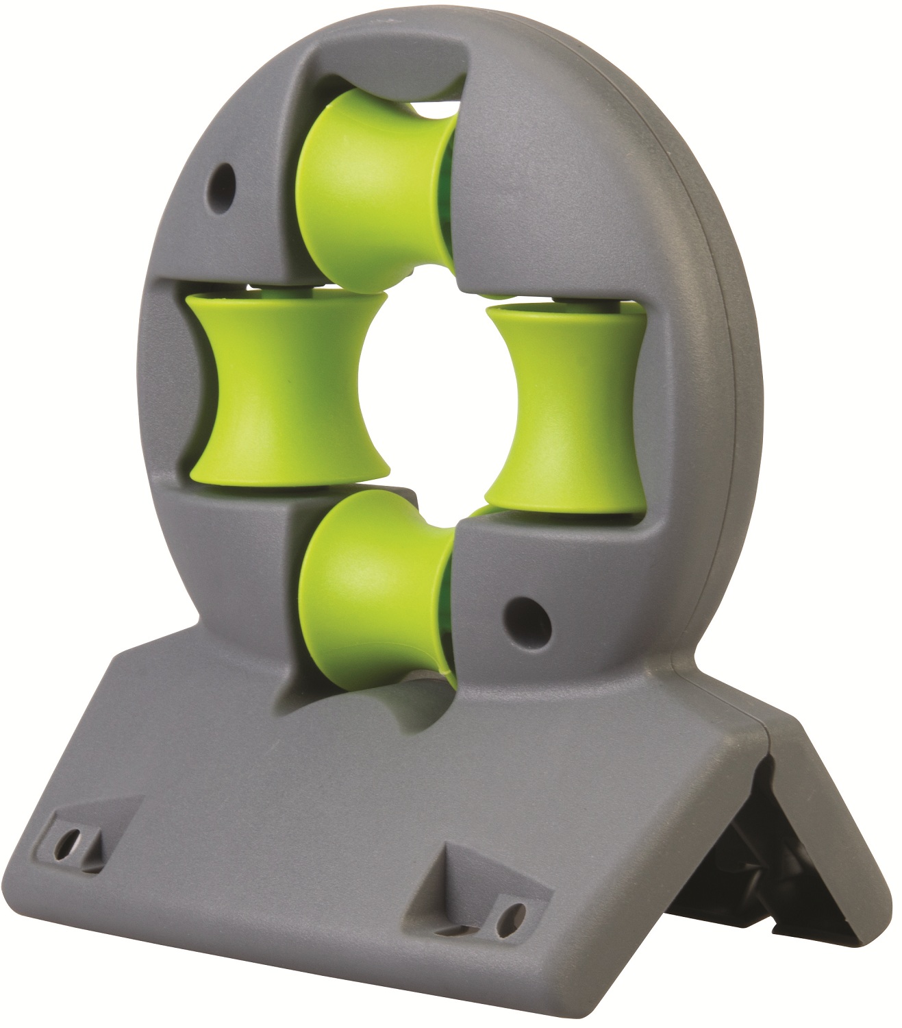 Grey and green garden hose pipe guide for corner use, designed for horizontal and vertical control.