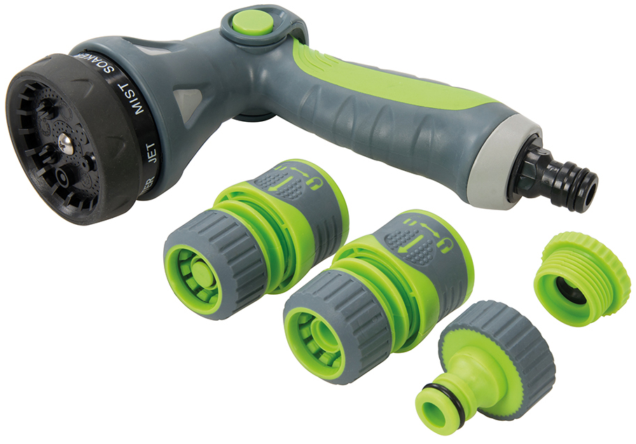 Garden hose pipe set with easy grip spray water gun and connectors.