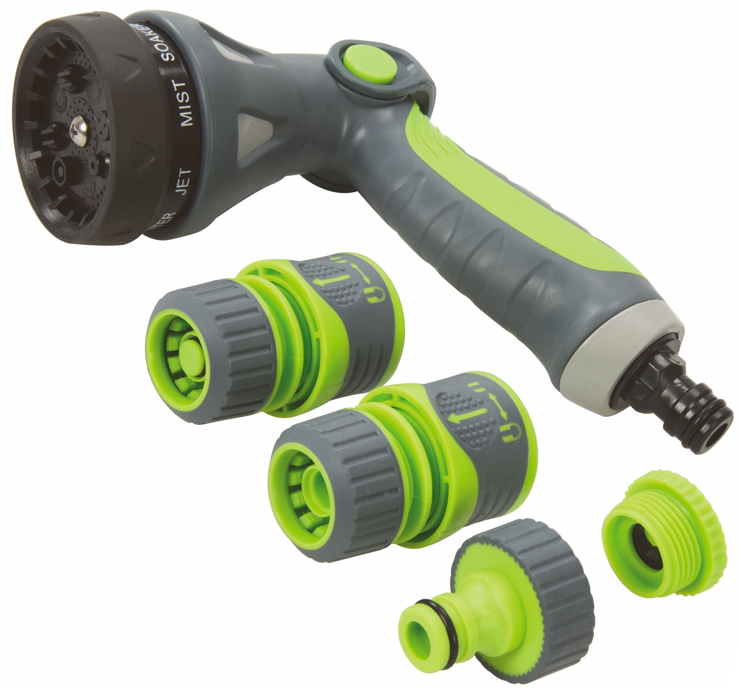 Green and grey garden hose spray water gun with connectors.