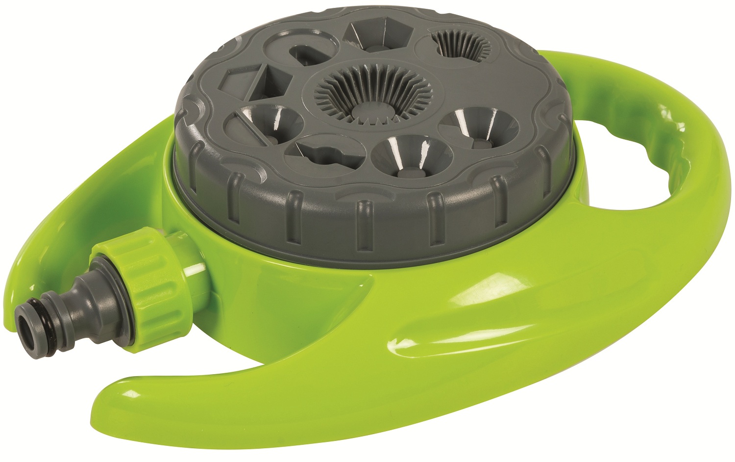 Green and grey garden hose pipe with nine water sprinkler patterns.