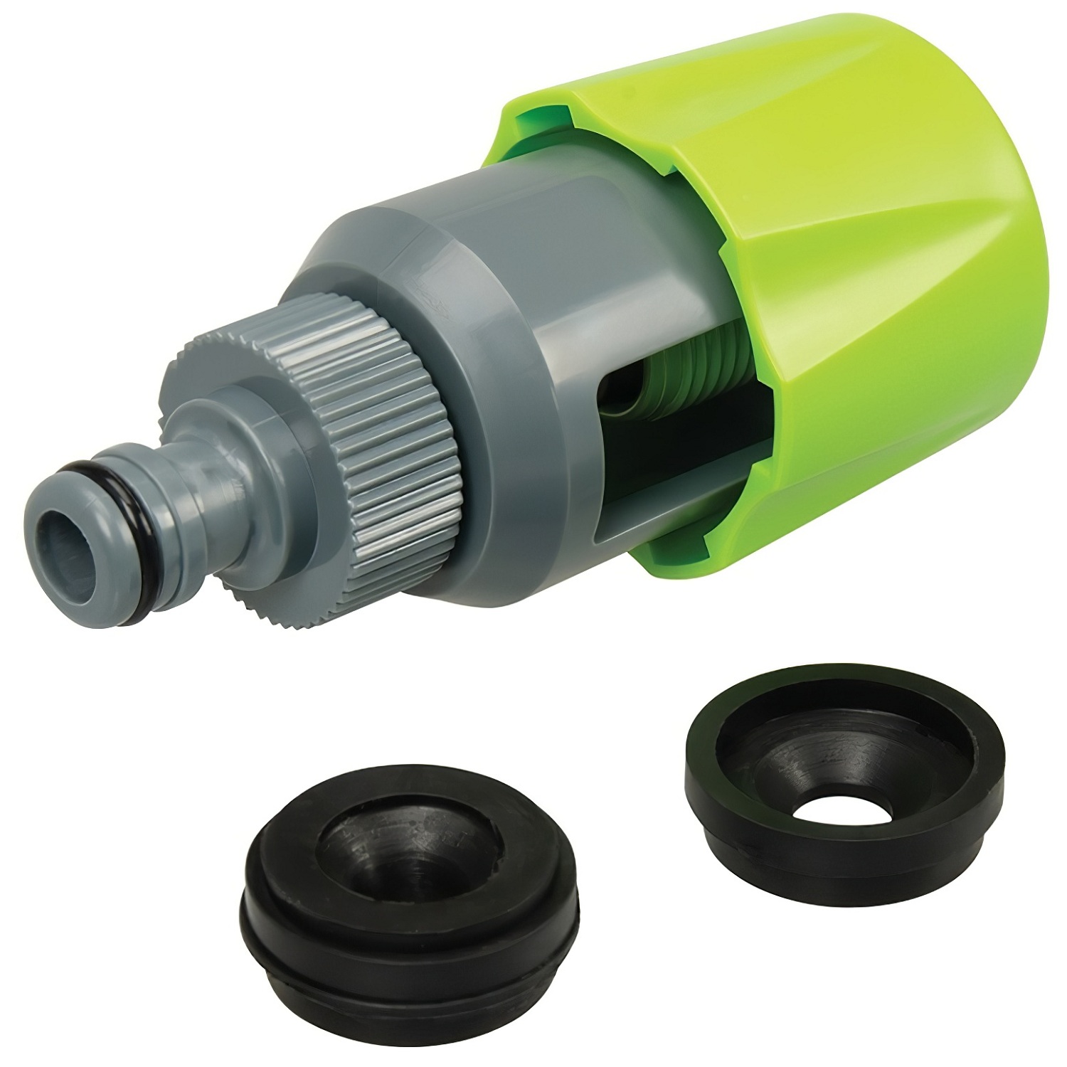 Green and grey universal mixer tap connector with rubber washers for indoor taps front view