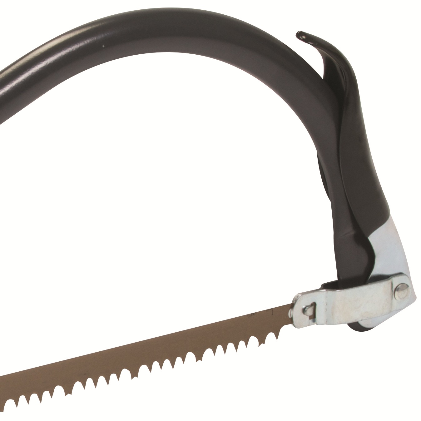 Silverline Garden Bowsaw with 530mm blade, featuring a curved handle and sharp teeth for pruning tree branches. close up