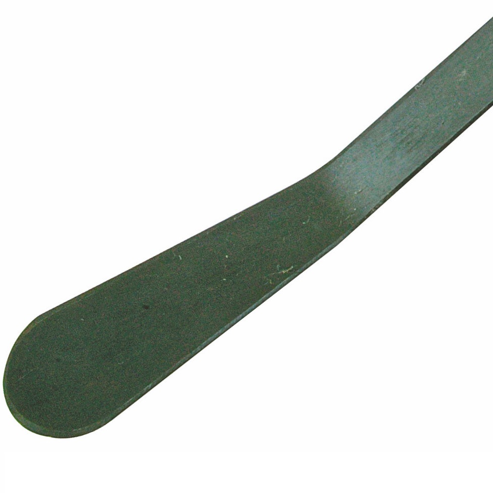 Long-handled garden weed slasher with a wooden grip and metal blade for cutting grass, brambles, and nettles. closeup of angled blade
