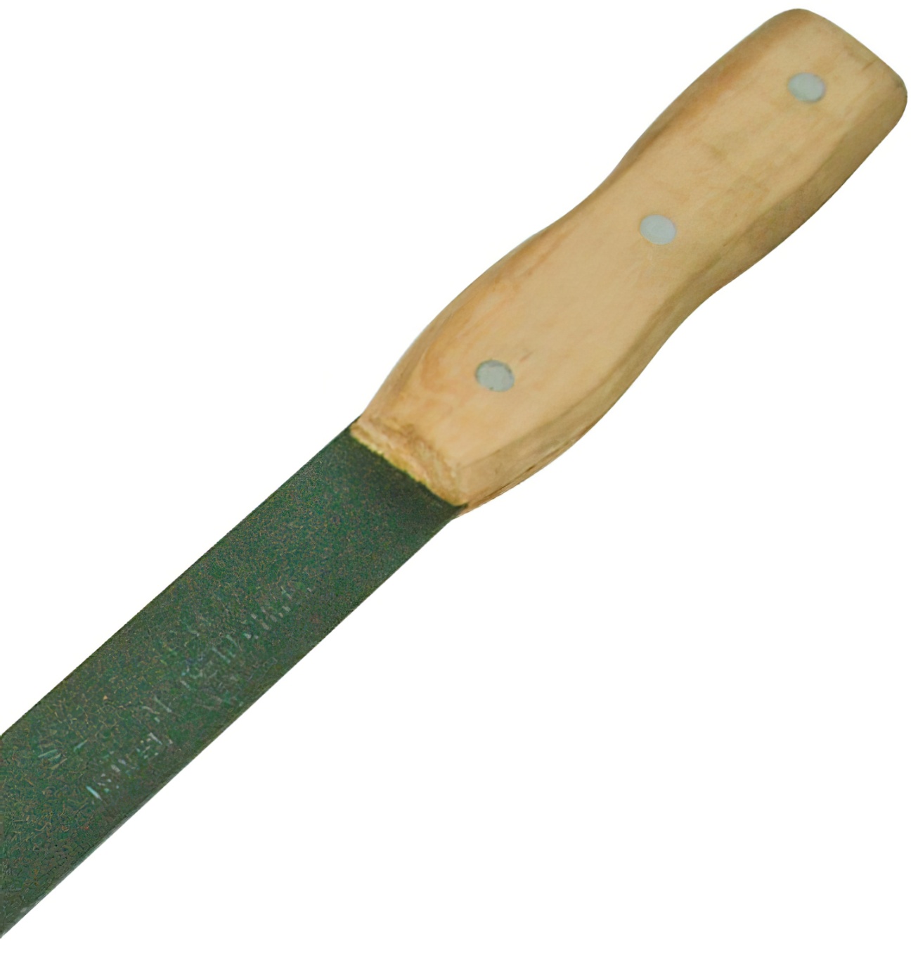 Long-handled garden weed slasher with a wooden grip and metal blade for cutting grass, brambles, and nettles. closeup of handle