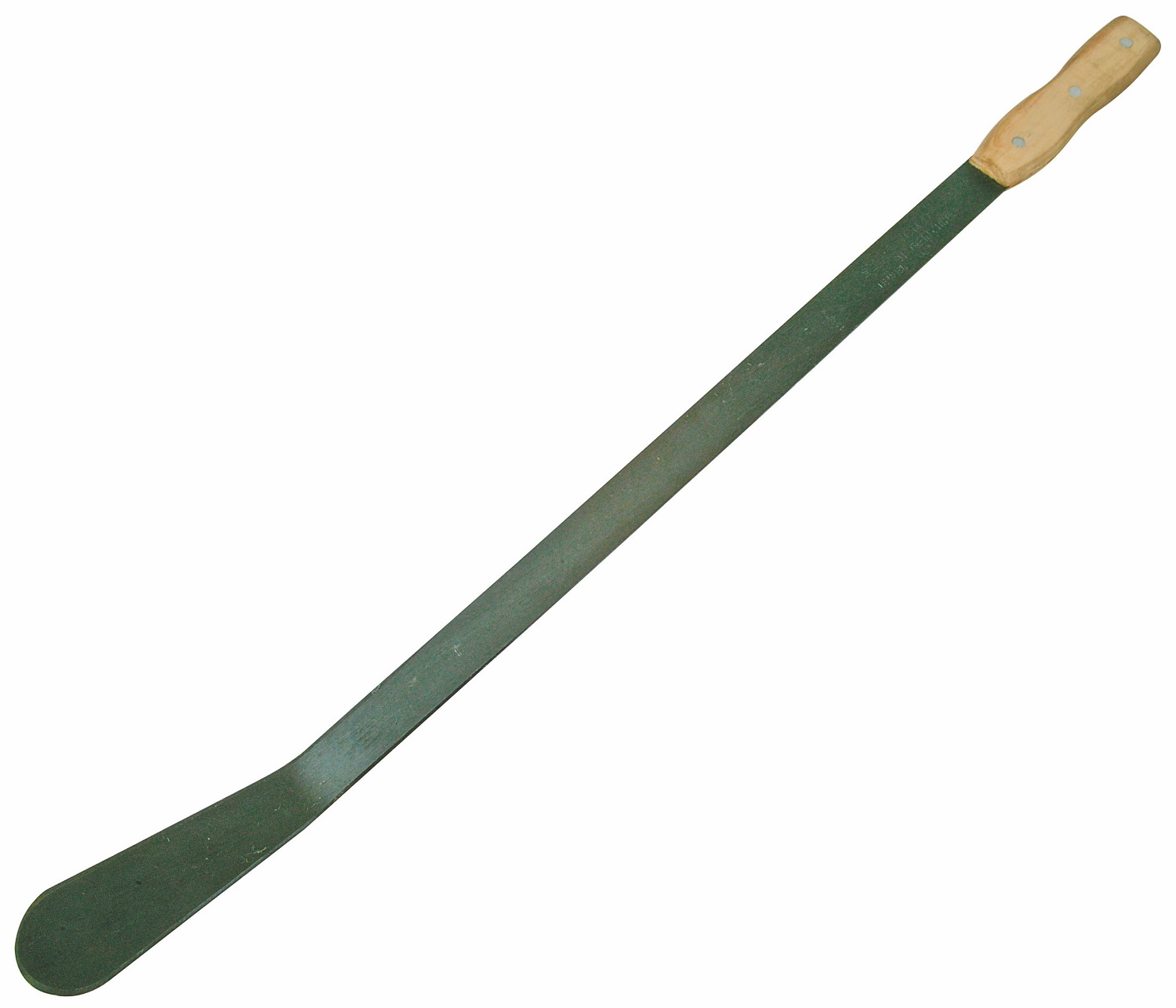 Long-handled garden weed slasher with a wooden grip and metal blade for cutting grass, brambles, and nettles.