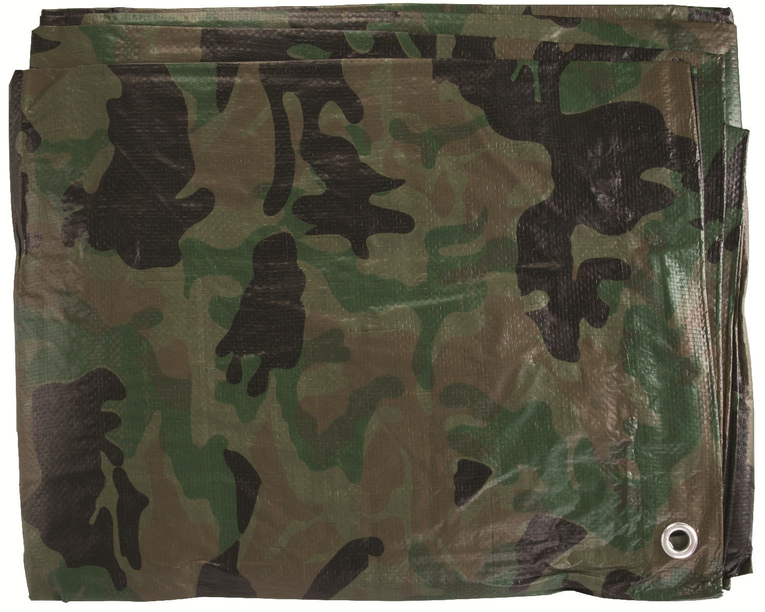Folded green camouflage tarpaulin sheet with eyelets for securing.