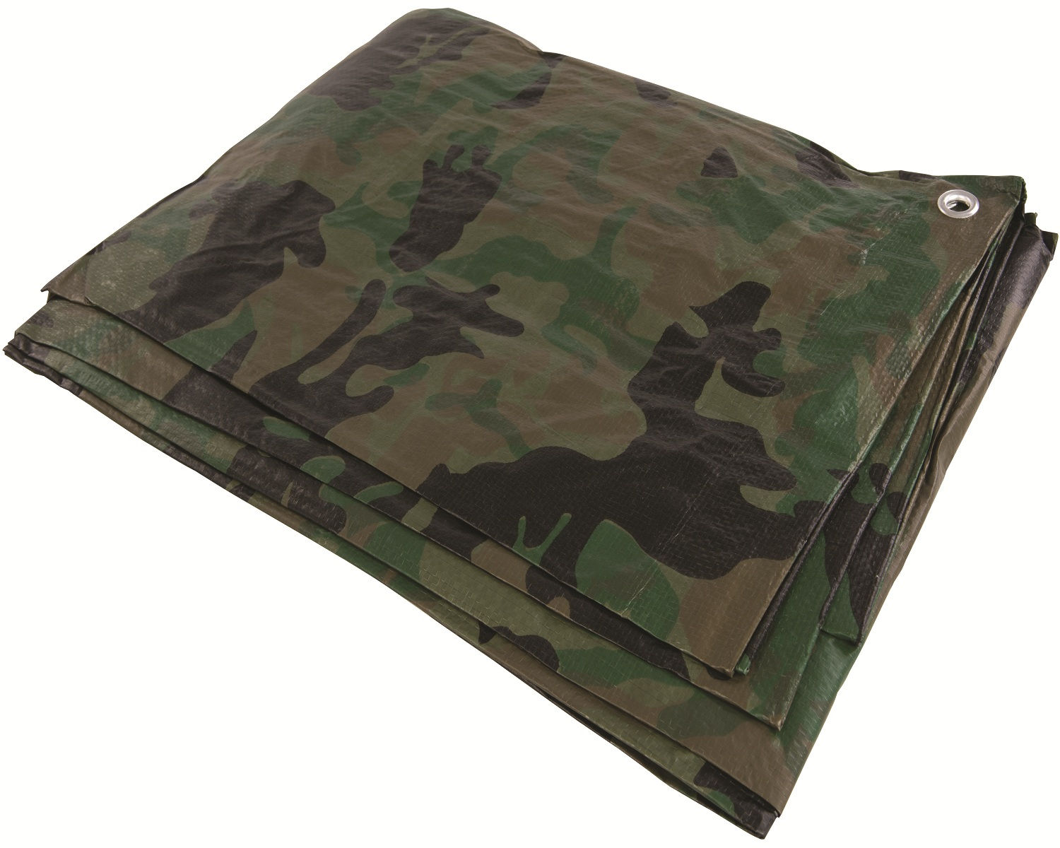 Folded green camouflage tarpaulin sheet with metal eyelets.