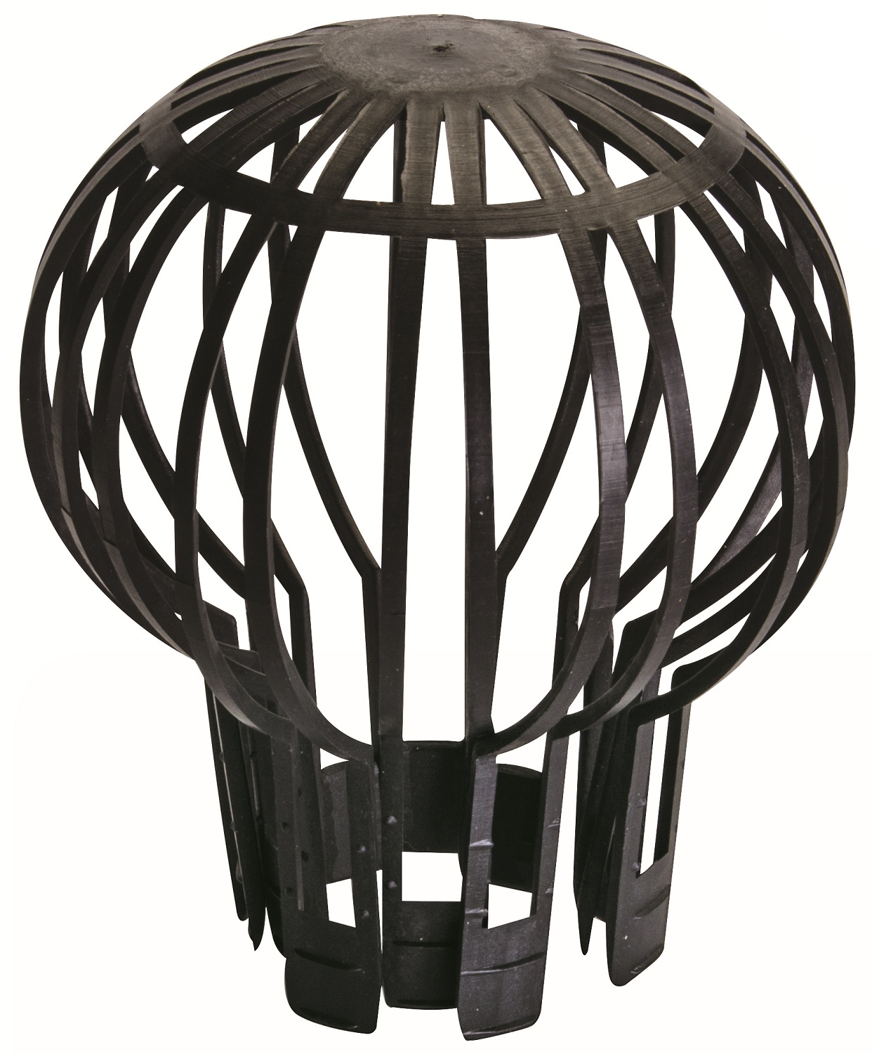 Two black gutter leaf down pipe guards designed to prevent blockages.