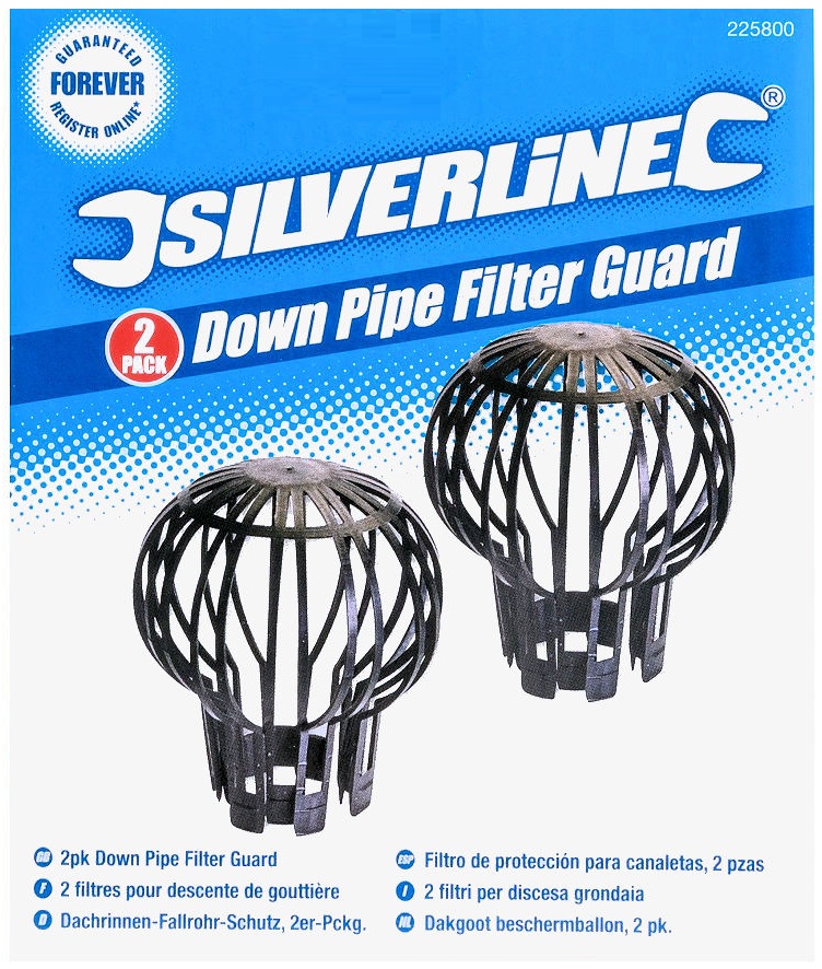 Two black gutter leaf down pipe guards designed to prevent blockages packaging