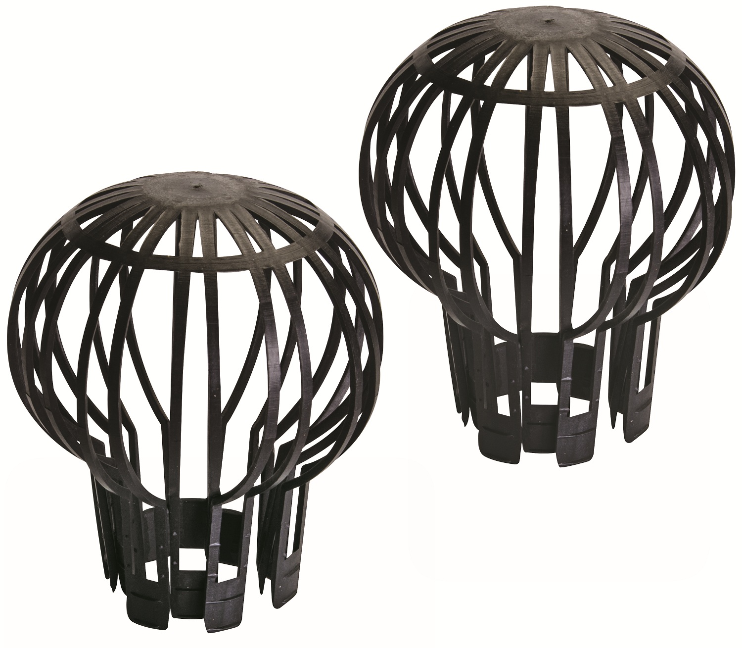 Two black gutter leaf down pipe guards designed to prevent blockages.