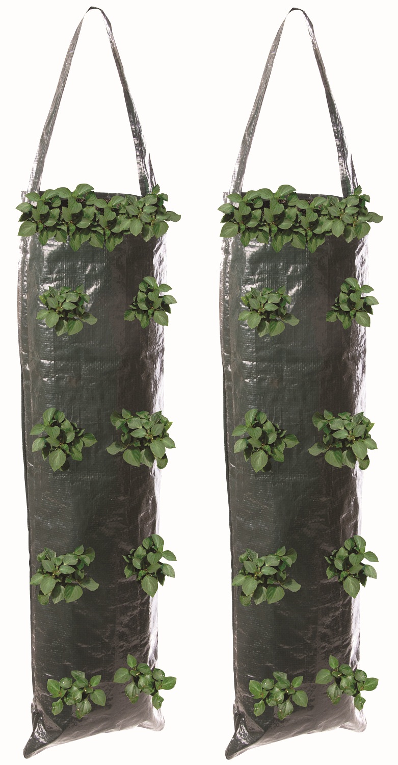 Two hanging flower plant growing tube bags with green plants for vertical gardens.