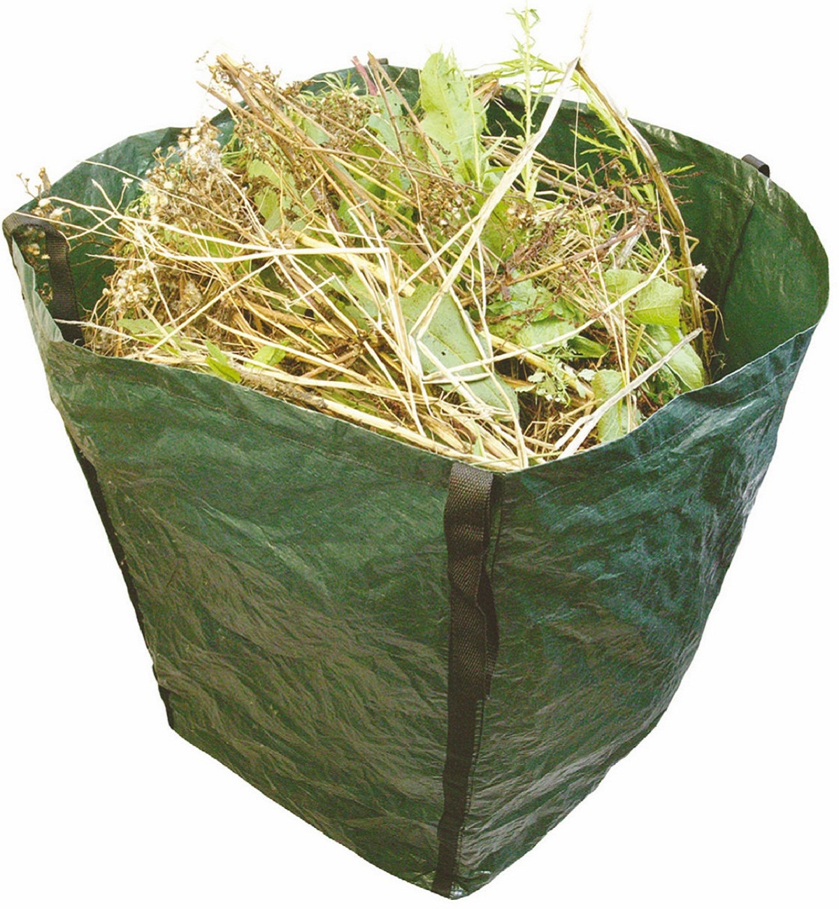 Green garden refuse sack filled with dry plant material.