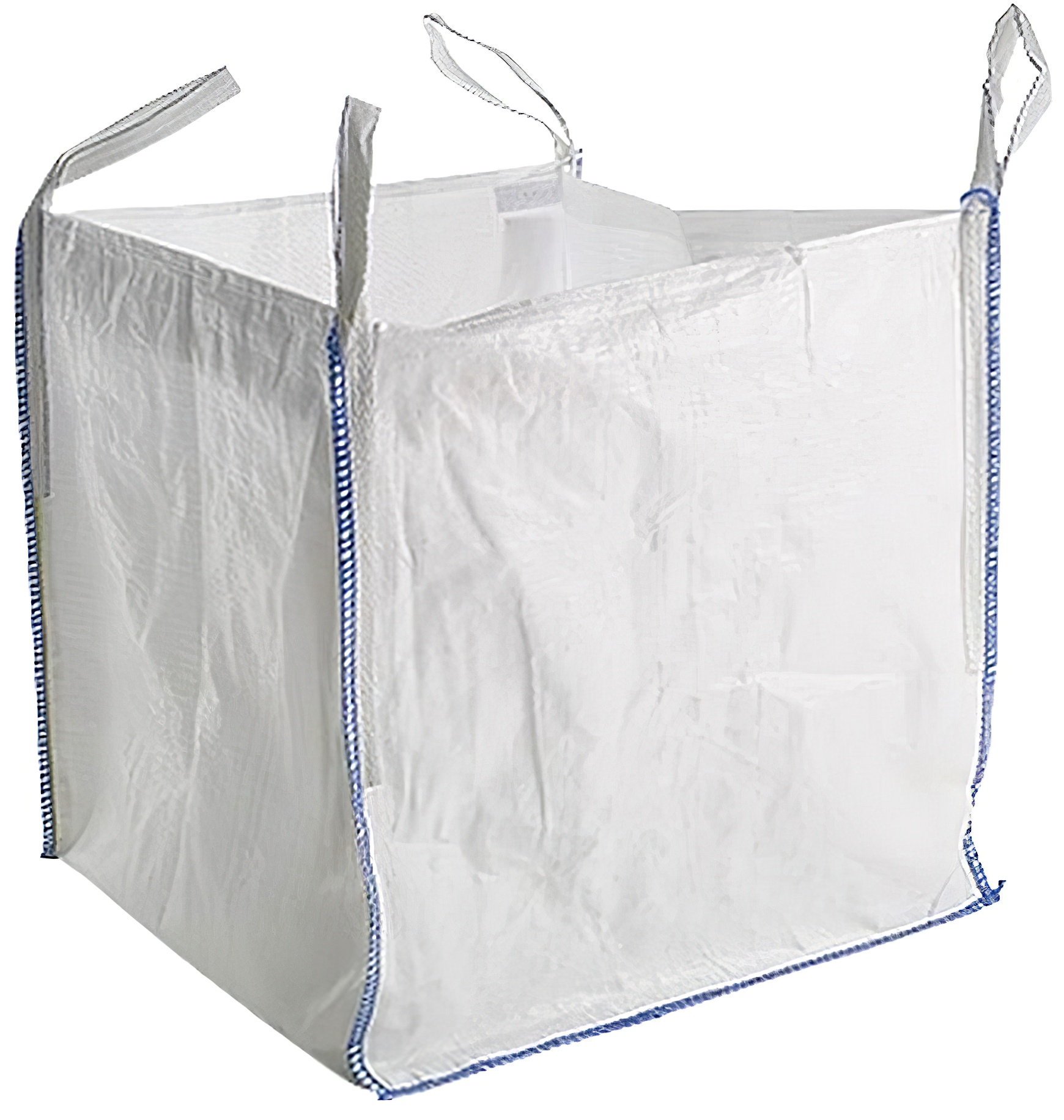 White bulk dumpy bag with blue stitching and four lifting loops, suitable for garden or builders use.