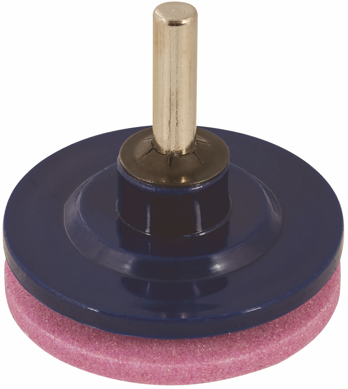 Pink and blue circular lawn mower blade sharpener with metal shaft bottom view