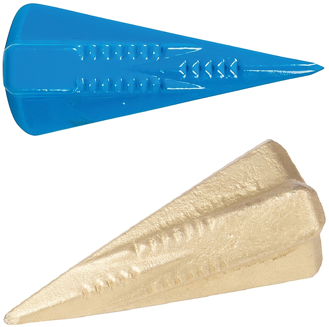 Silverline 676532 Diamond-shaped steel log splitting wedge on a wooden log blue or gold