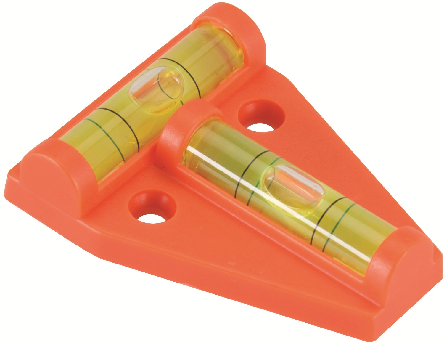 Orange mini 2-way spirit level with two bubble vials for post caravan levelling.
