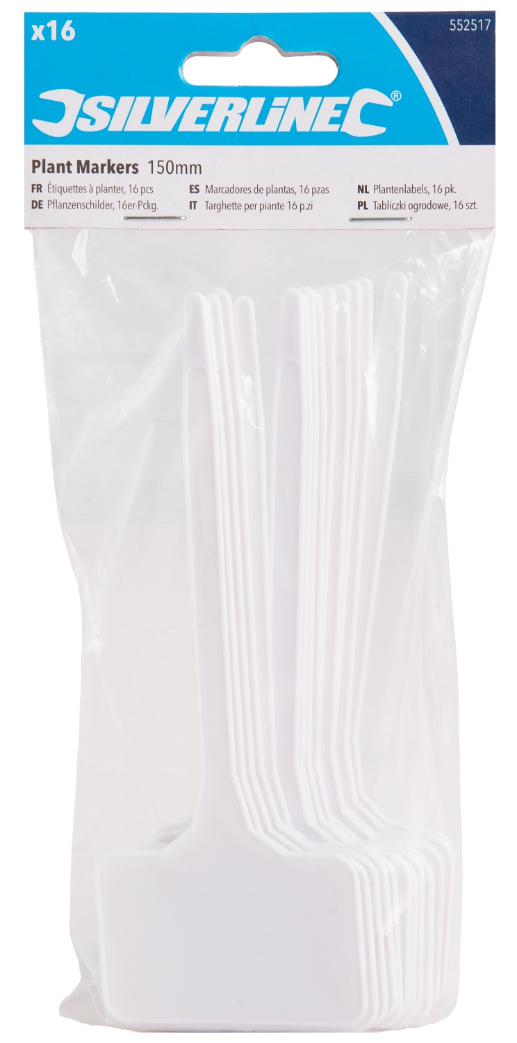 A stack of white plant border identification markers, each with a flat surface for writing in packaging