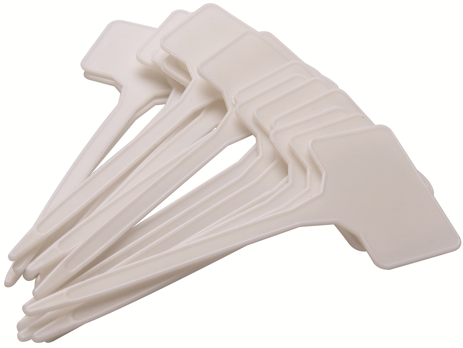 A stack of white plant border identification markers, each with a flat surface for writing.