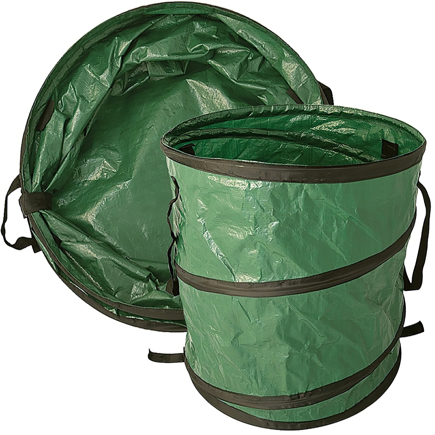 Green pop-up garden refuse sack with handles, shown open and folded.