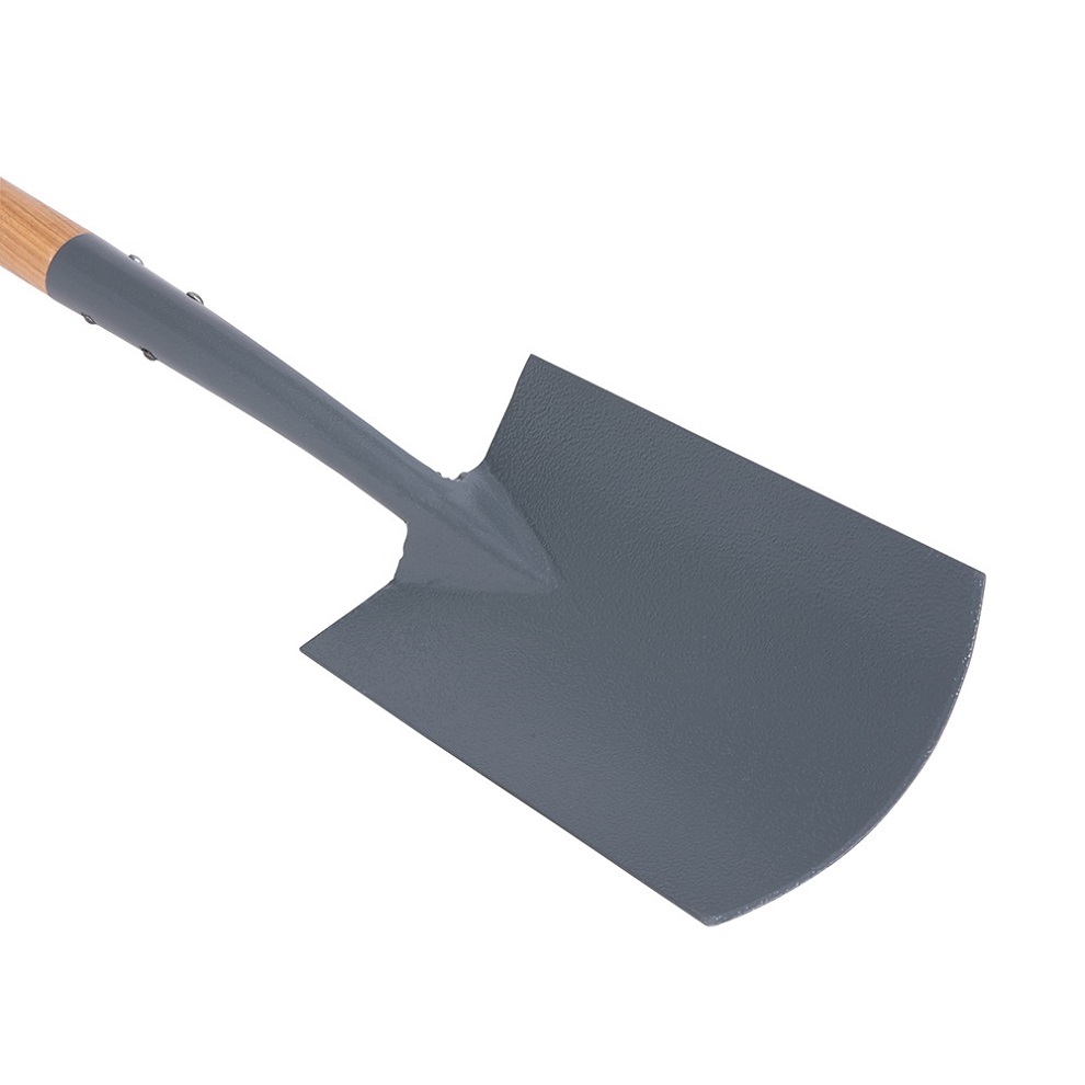 Close-up of a garden digging spade with a wooden handle and metal blade.