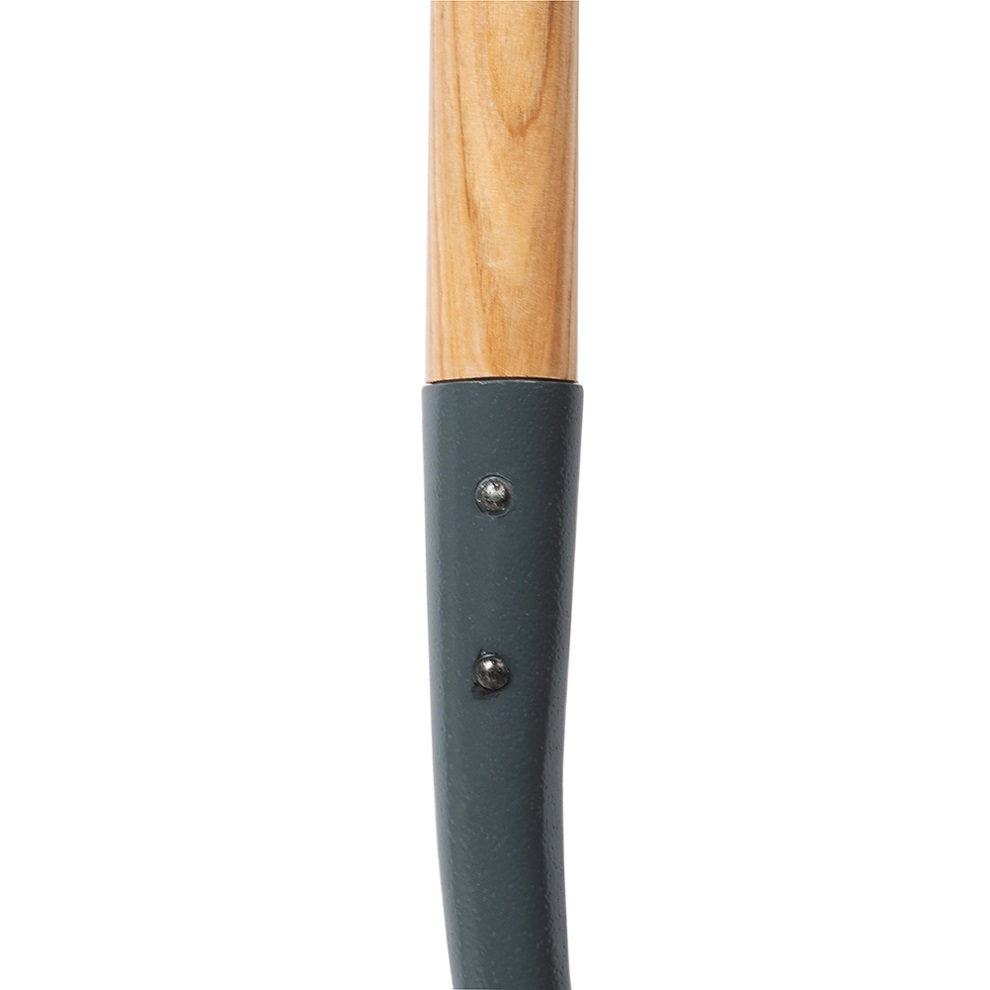 Close-up of the wooden handle and metal shaft of a garden spade.