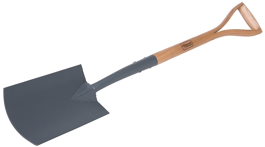 Garden digging spade with a wooden handle and metal blade