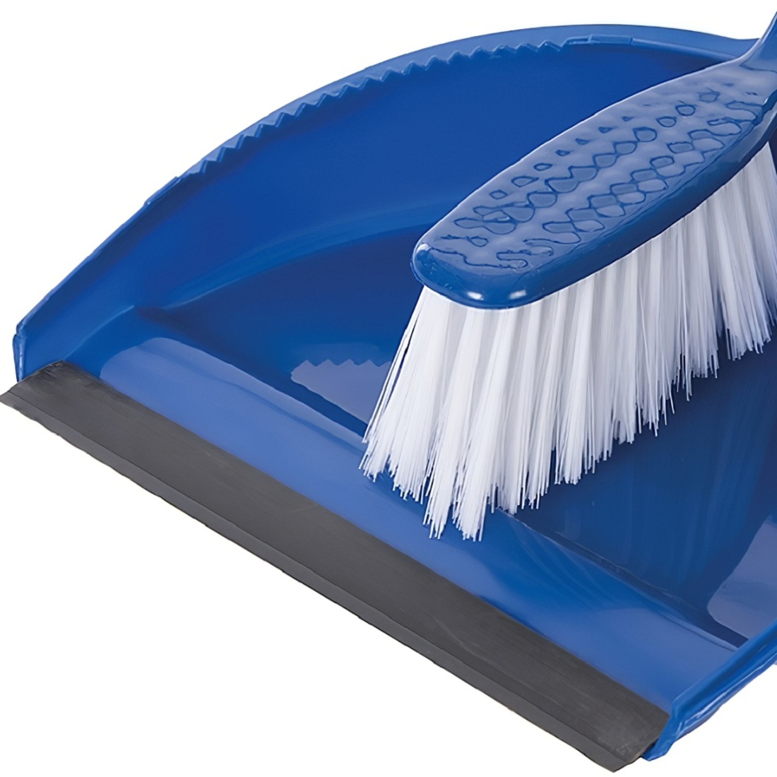 close up of small dust pan and brush in blue