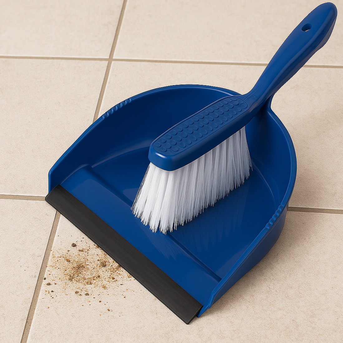 small blue dustpan in use on tiled floor