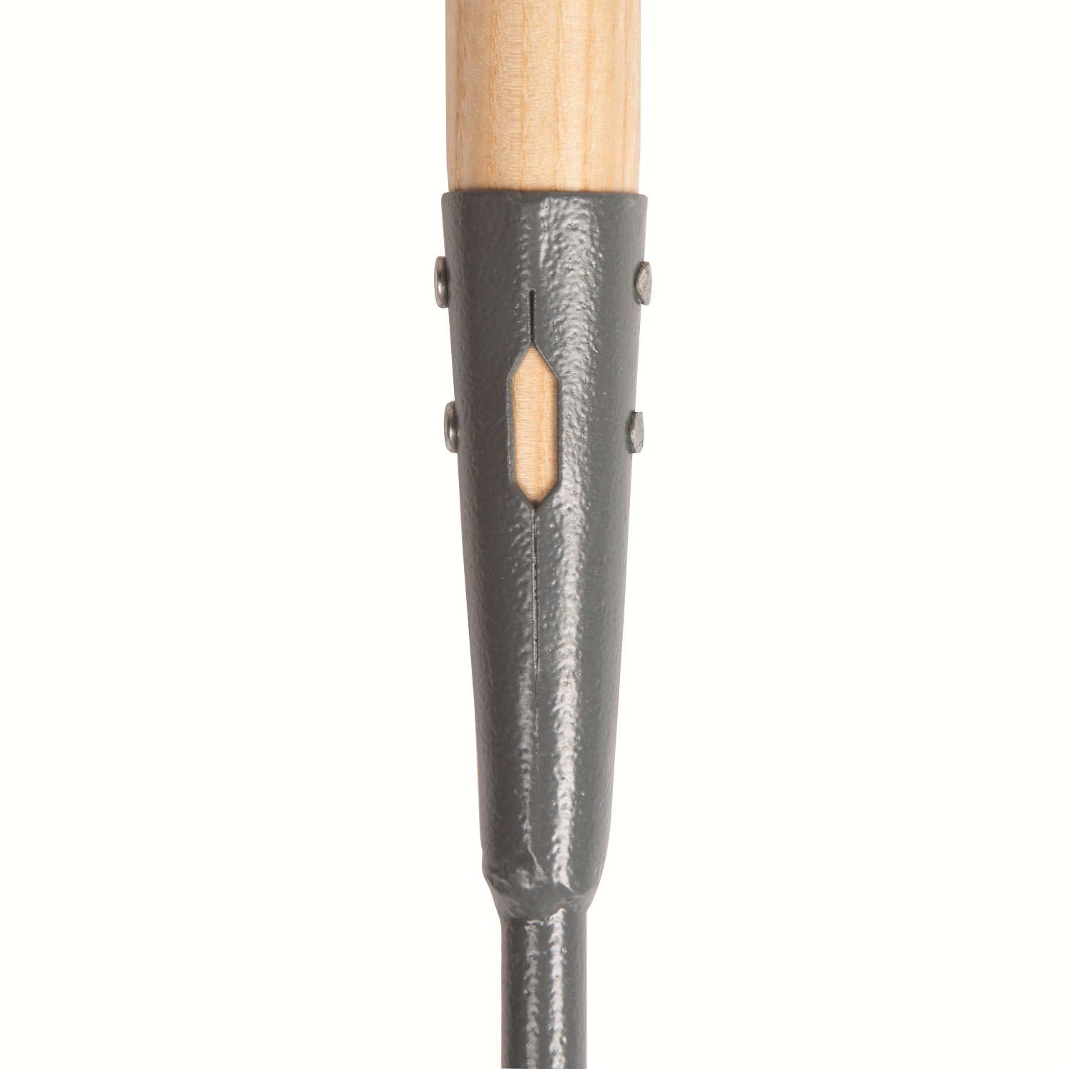 Close-up of the metal and wooden handle of a lawn edger.