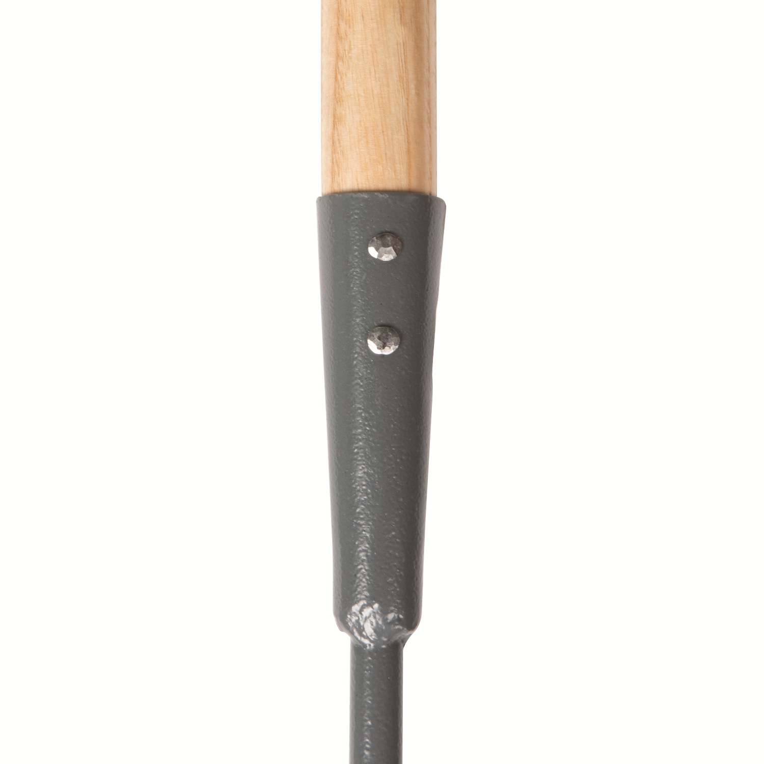 Wooden handled lawn edger connection handle to D-Blade