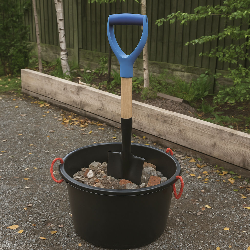 Stubby short square head garden shovel with blue handle, standing in a pile of soil and rubble.