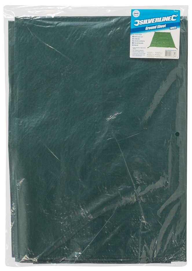 Packaged green garden ground sheet with handles for rubbish bagging.