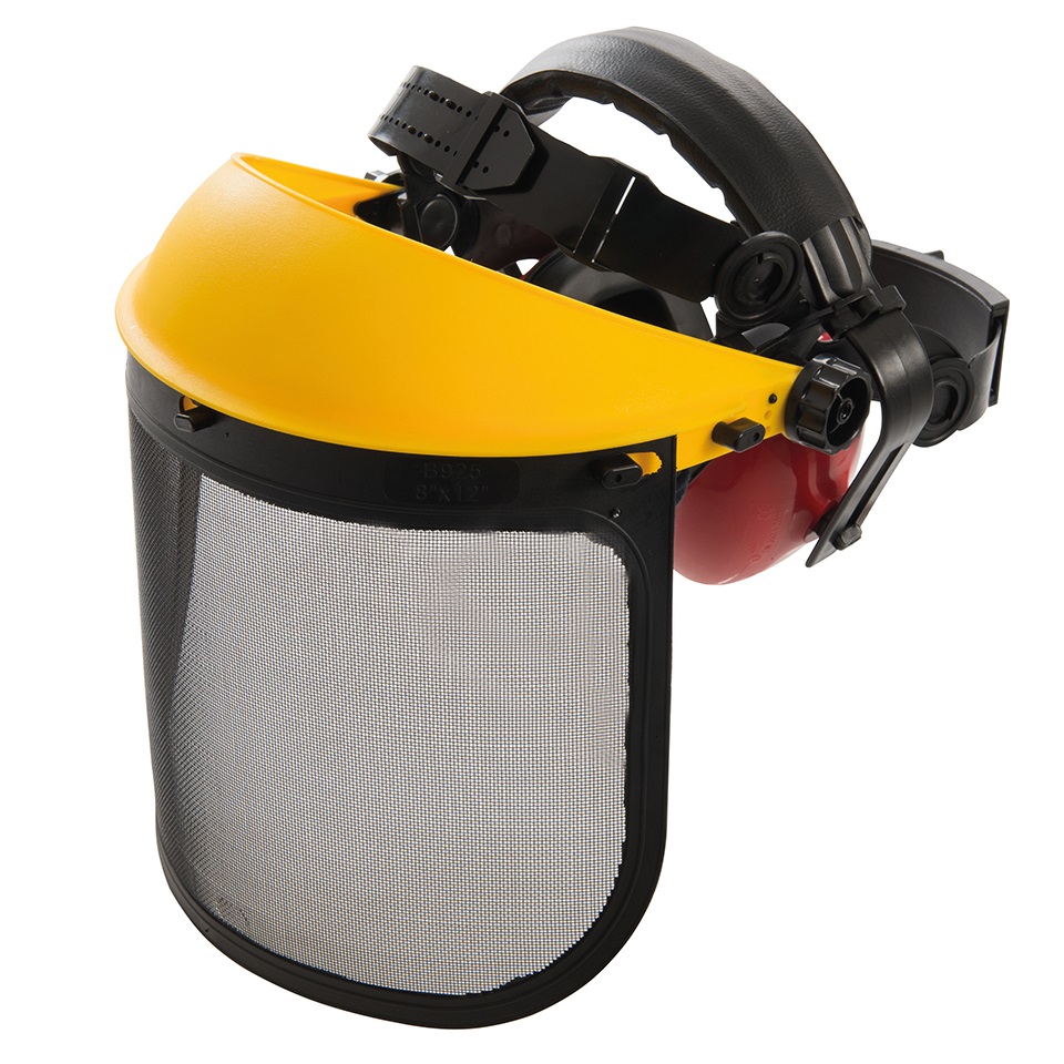 Mesh face shield with yellow forestry hat and red ear defenders.