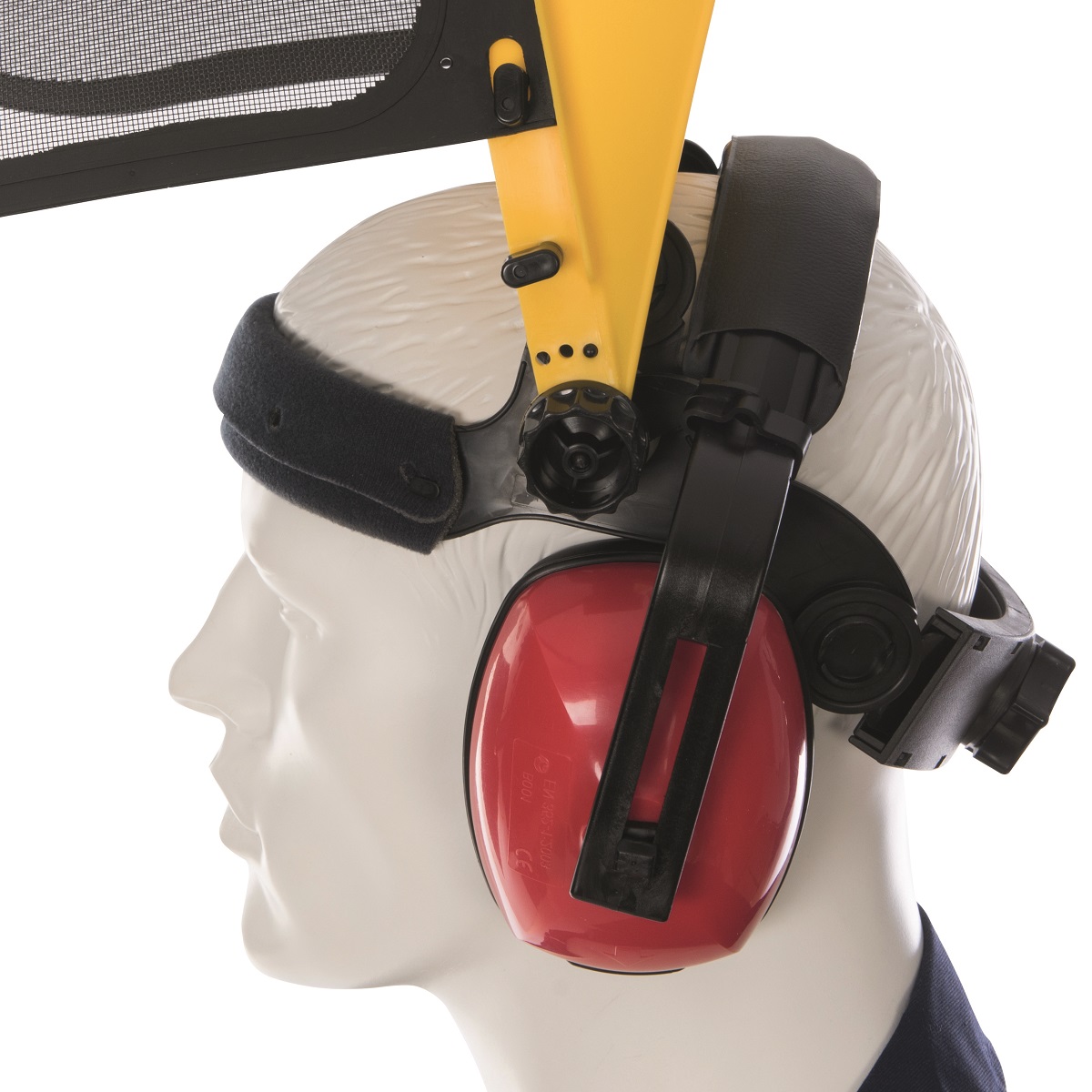 Close-up of a mannequin wearing a Silverline Tools mesh face shield with yellow forestry hat and red ear defenders.
