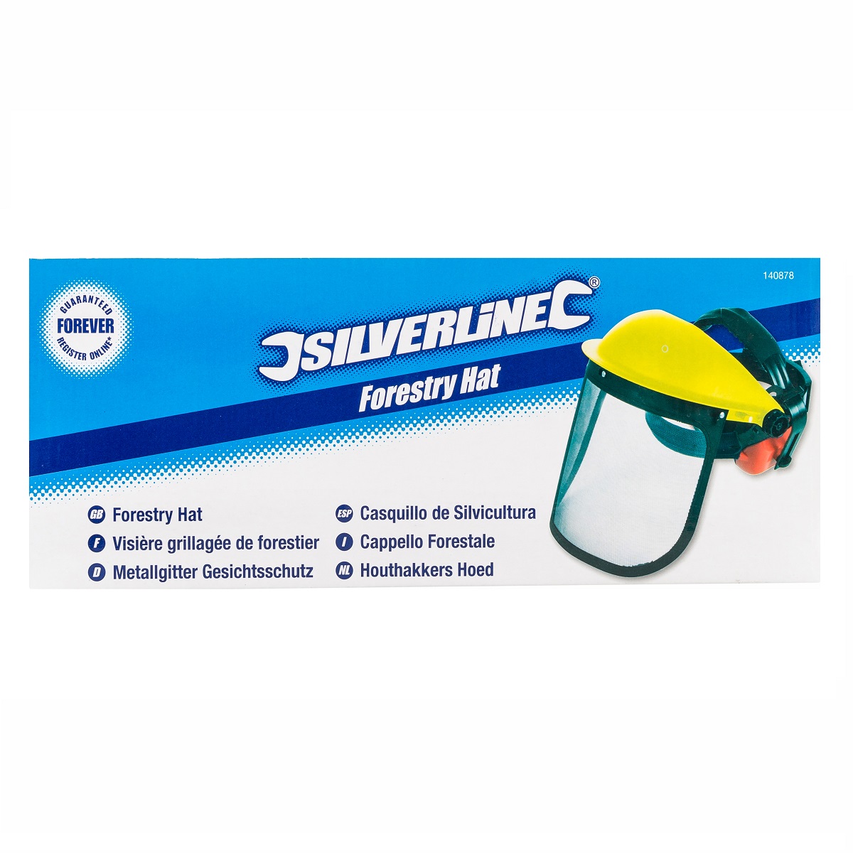 Silverline Tools mesh face shield with yellow forestry hat and ear defenders.
