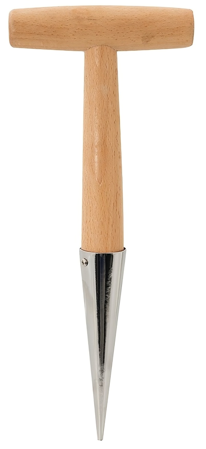Wooden-handled garden dibber with a metal pointed end for planting bulbs.