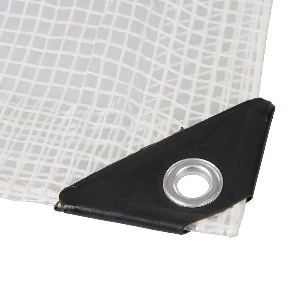 Close-up of a transparent tarpaulin corner with reinforced eyelet and black edging.