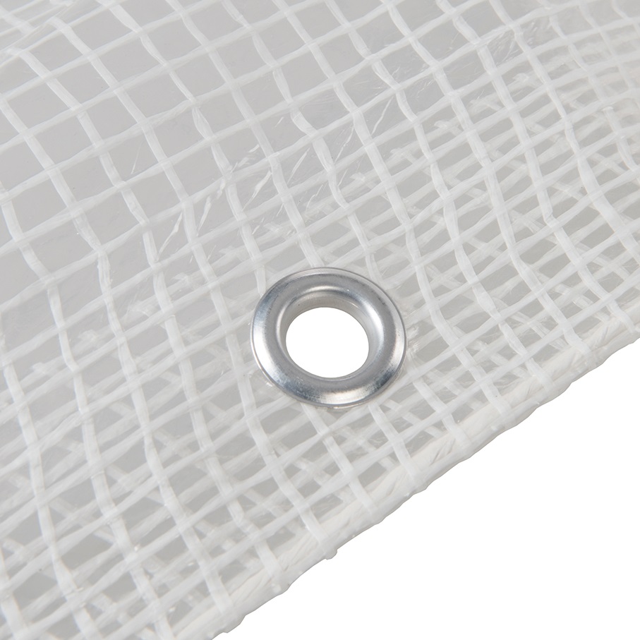 Close-up of a transparent tarpaulin with reinforced eyelet and grid pattern.