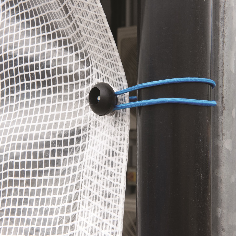 Close-up of a transparent tarpaulin secured with a blue bungee cord.