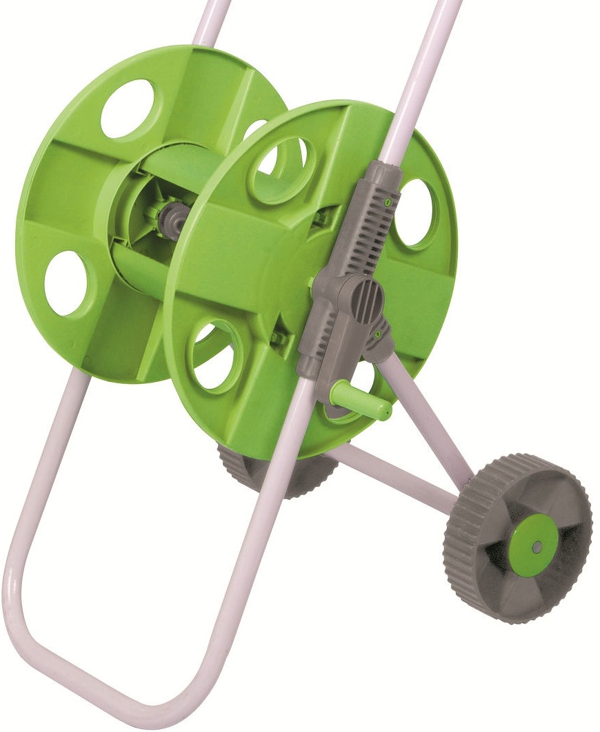 Green and silver wheeled standing hose pipe reel with handle and wheels for easy movement.