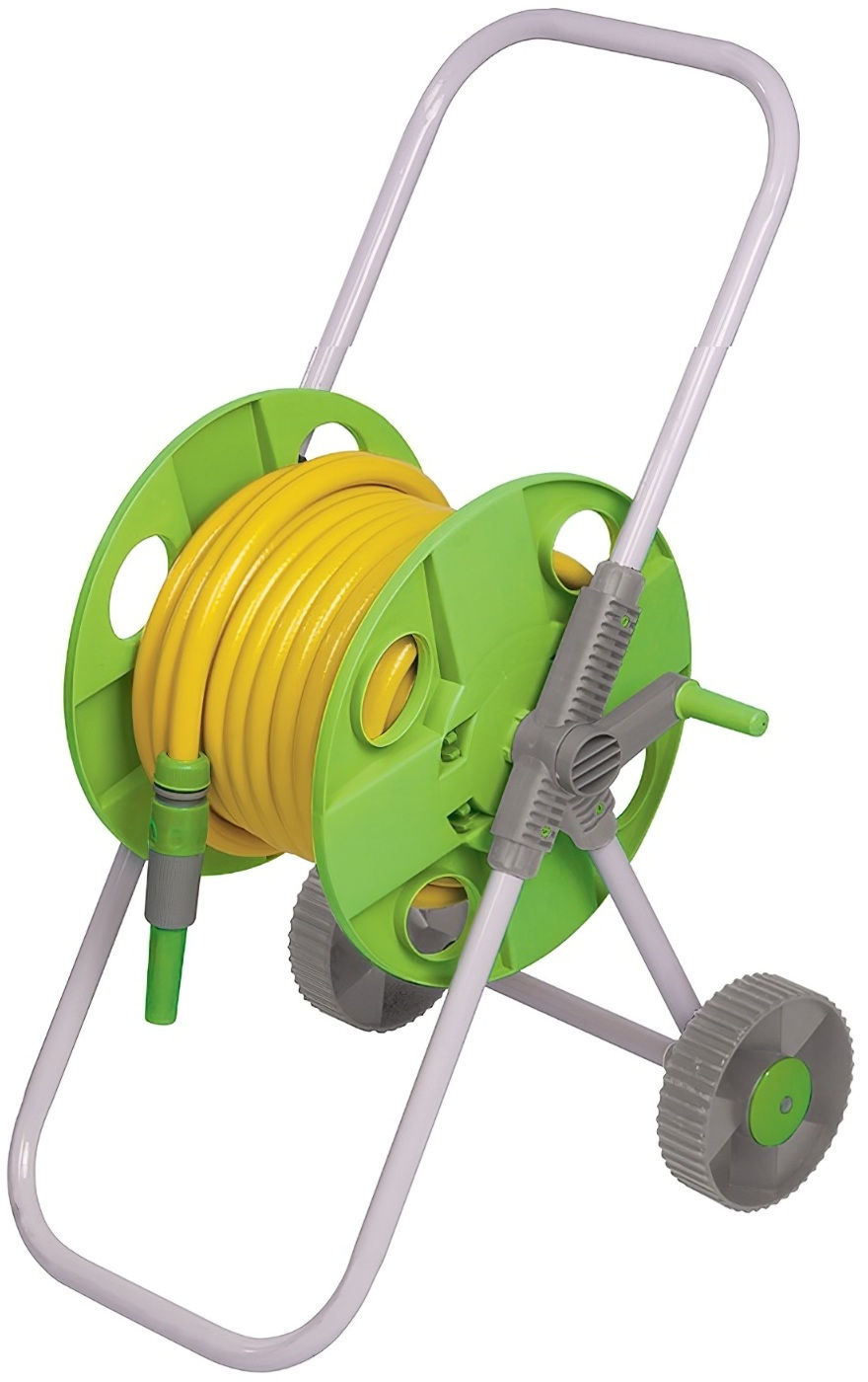 Green and yellow wheeled hose pipe reel with handle for easy transport.