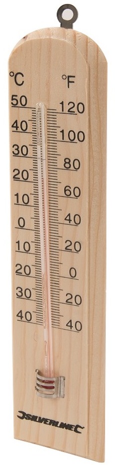 Wooden thermometer displaying temperature in Celsius and Fahrenheit for indoor and outdoor use.