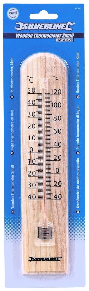 Wooden thermometer displaying temperature in Celsius and Fahrenheit for indoor and outdoor use packaging