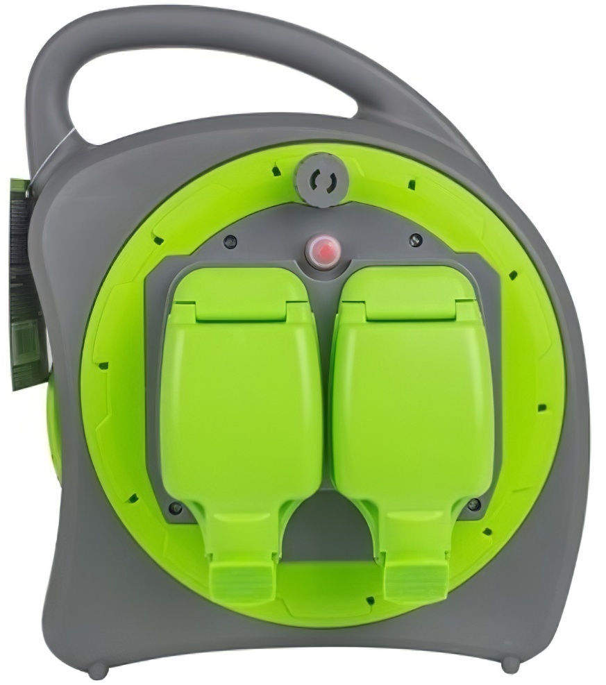 Green and grey outdoor splashproof electric extension reel with handle.