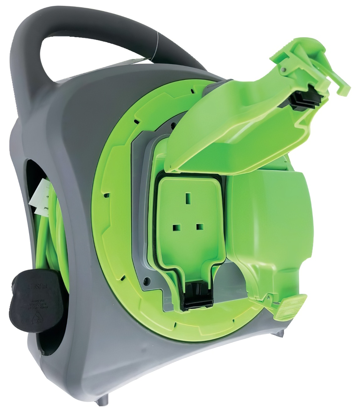 Green and grey outdoor splashproof electric extension reel with a 20m cable.