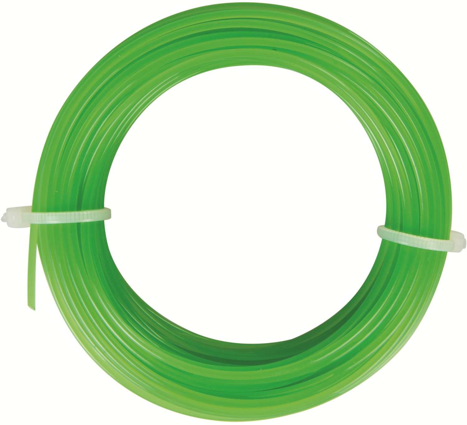 Green round garden strimmer line coiled and secured with white ties.