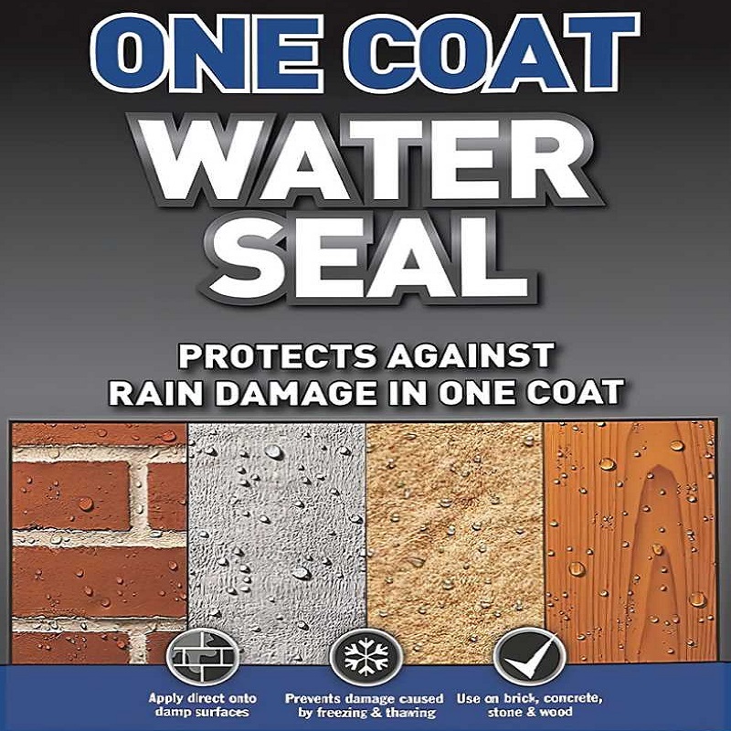 Thompsons One Coat Water Seal 5L product Showing protection against rain damage on brick, concrete, stone, and wood.
