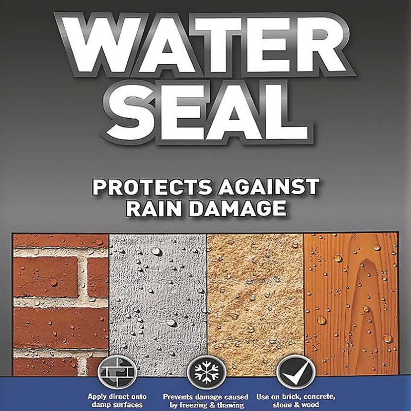 Thompsons Water Seal packaging showing protection for brick, concrete, stone, and wood against rain damage.